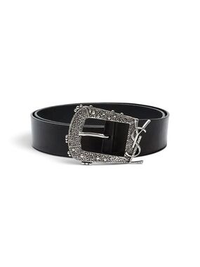 Saint Laurent Cheyenne Western Leather Belt Black YSL Silver Buckle 100 CM